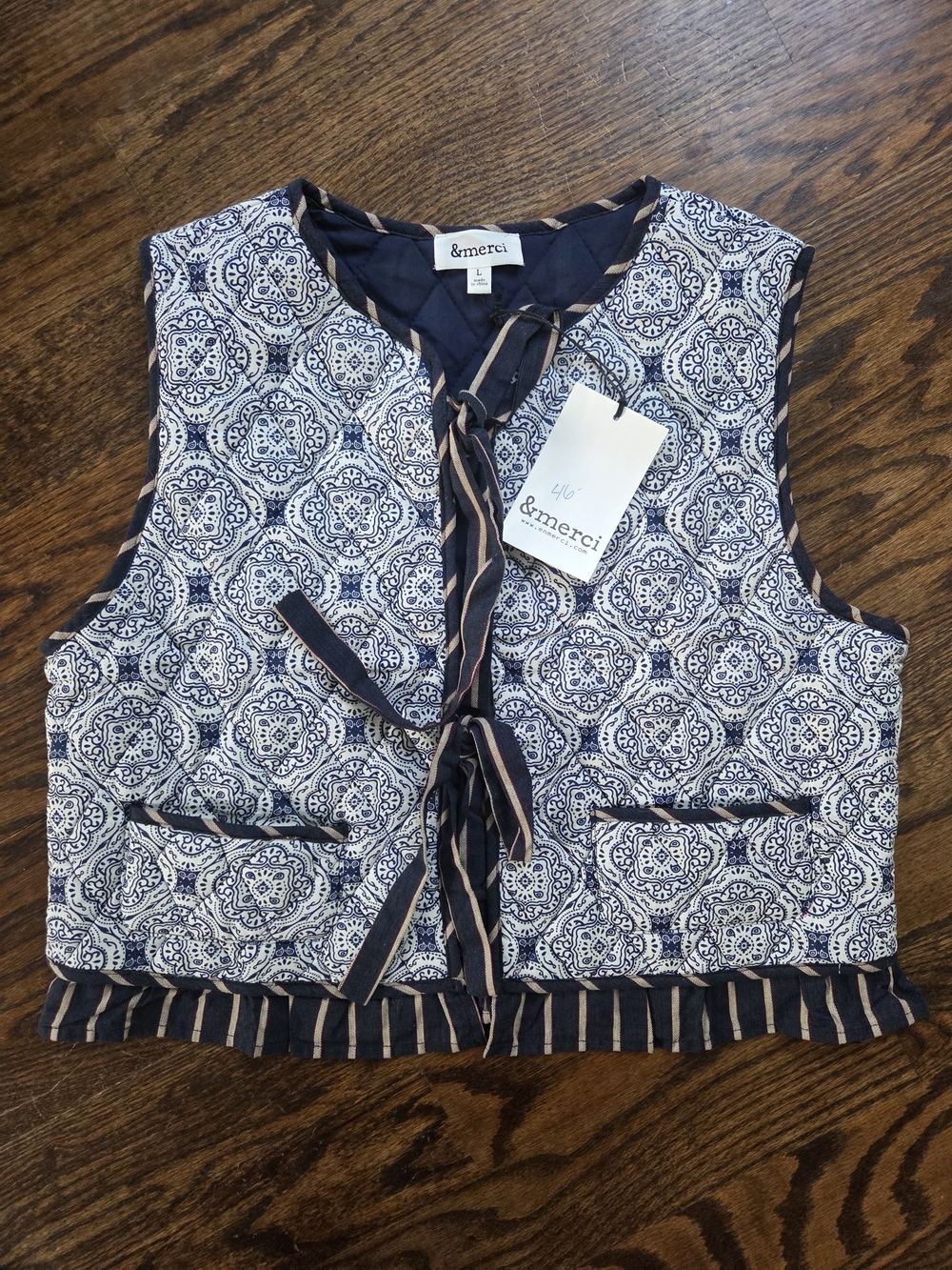 &merci Navy and White Quilted Tie-Front Vest With Stripe Contrast